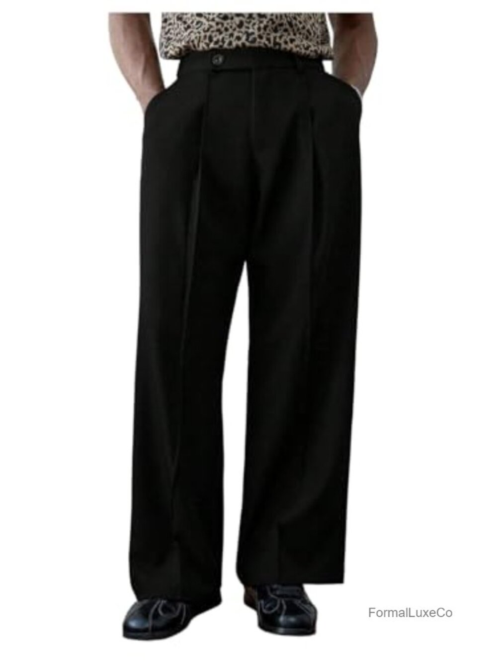 Men's Pleated Wide Leg Dress Pants Zipper Fly Elastic Waist Business Trousers